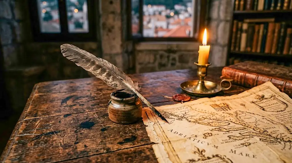 Close-up of an antique desk with weathered parchment and an ink quill, evoking a sense of historical study and research