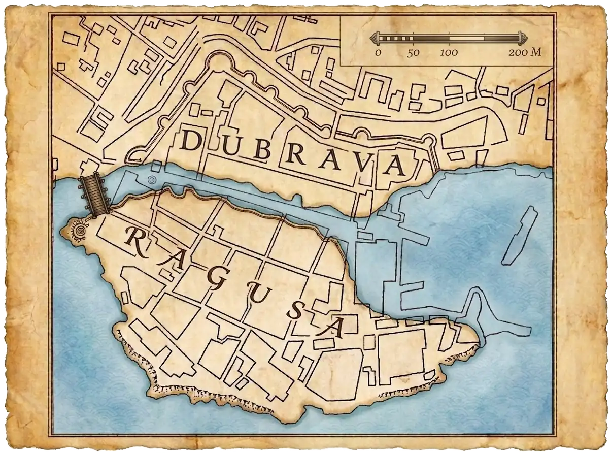 Historic terrain map of Dubrovnik with modern layout overlaid, showing the former sea channel beneath Stradun and early settlements of Ragusa and Dubrava