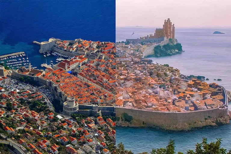 A panoramic scene where the real Dubrovnik merges into King's Landing
