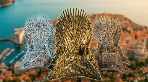 A stylized composite banner showcasing the three different physical Iron Throne replicas in Dubrovnik, arranged side-by-side against a blurred scenic backdrop of Dubrovnik Old Town and the sea.