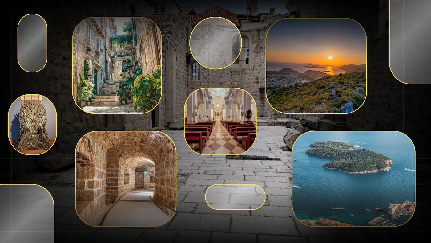A collection of framed photos of Dubrovnik's landmarks and scenic views presented as a collage