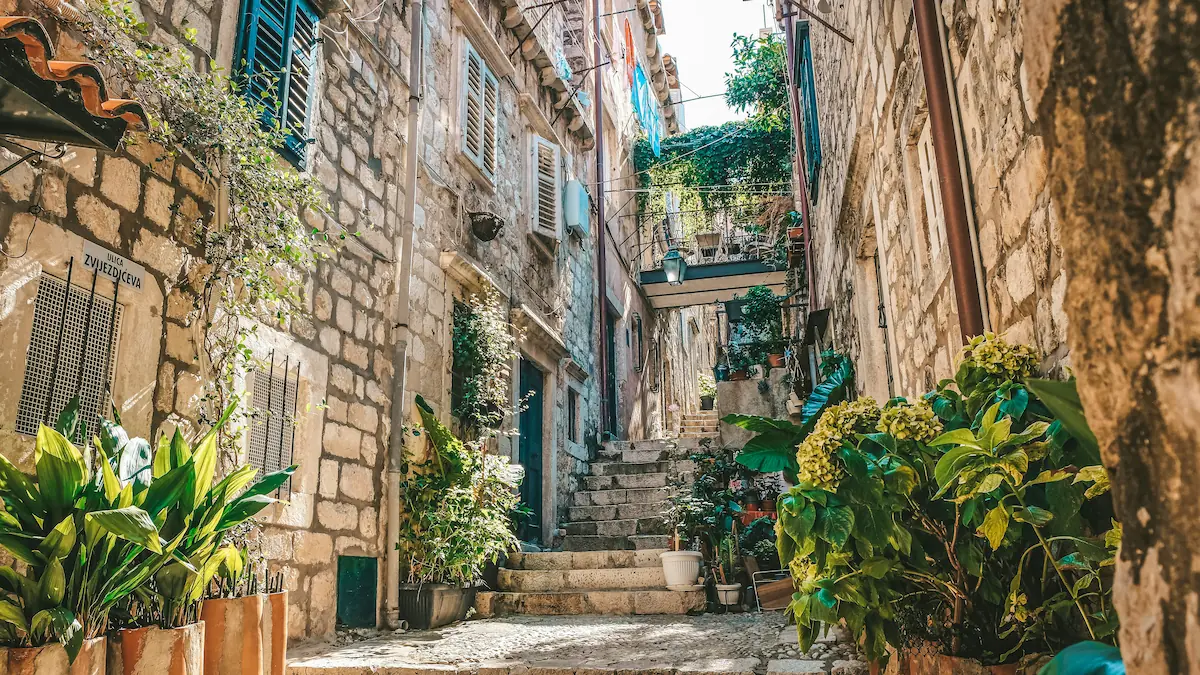 A looking-up perspective of a steep, narrow stone stairway alley in Dubrovnik Old Town with green shutters and potted plants