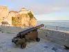 Historic cannon on the upper terrace of Bokar Fortress with the Adriatic Sea visible in the background