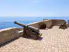 Wide view of the top terrace of Fort Lovrijenac showing the entrance and a large historic cannon
