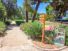 Walking pathway and wooden signpost located near the outdoor playground area on Lokrum Island