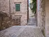 Distant view looking toward the upper path leading to the entrance area just after ascending to Rupe Street in Dubrovnik Old Town