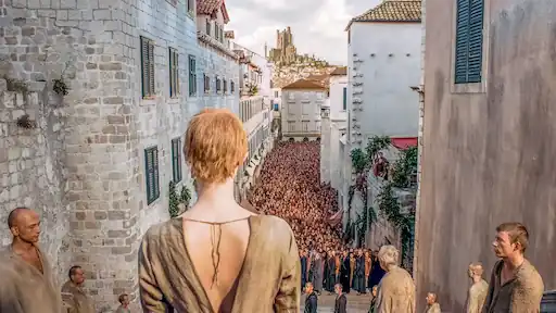 King’s Landing Walk of Shame scene Game of Thrones