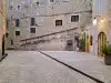 Front-on view of the modesty stairs on St. Dominic Street in Dubrovnik Old Town