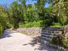 Green-lined garden pathway leading toward a visitor rest area at Trsteno Arboretum