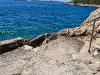 Open sea view from Trsteno paved rocky beach showing distant Šipan island and coastal cliffs