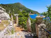 Trsteno coastal pathway lined with round stone vase pillars facing thick bushes obscuring the bay