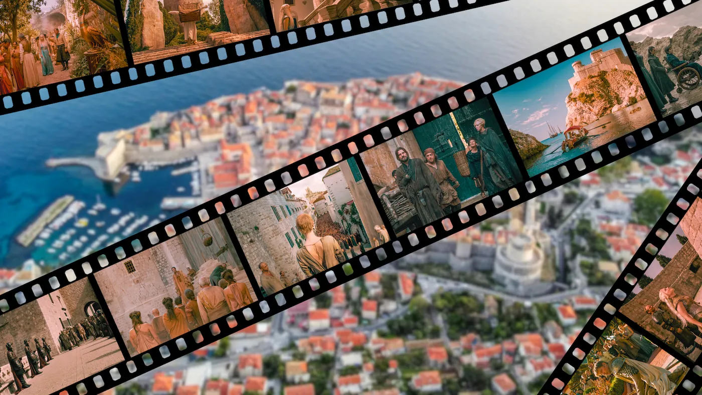 A panoramic montage of Dubrovnik's Old Town overlaid with a cinematic film strip featuring famous Game of Thrones scenes