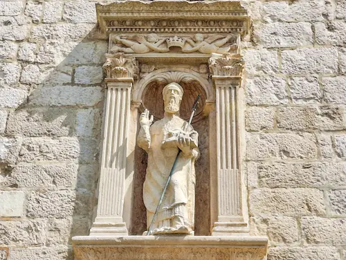 Statue of Saint Blaise, the patron saint of Dubrovnik, a symbolic landmark often visited on Old Town history walking tours